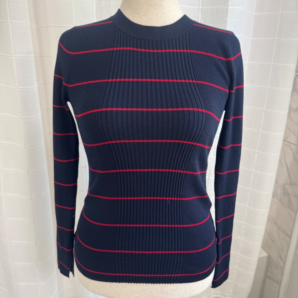 Athleta Navy Blue Red Striped Ribbed Merino Wool Blend Sweater XS